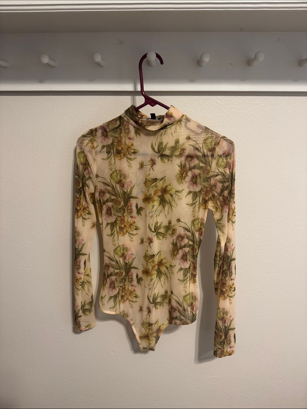 Express Floral Mesh Mock Neck Bodysuit - Cream, Green & Pink